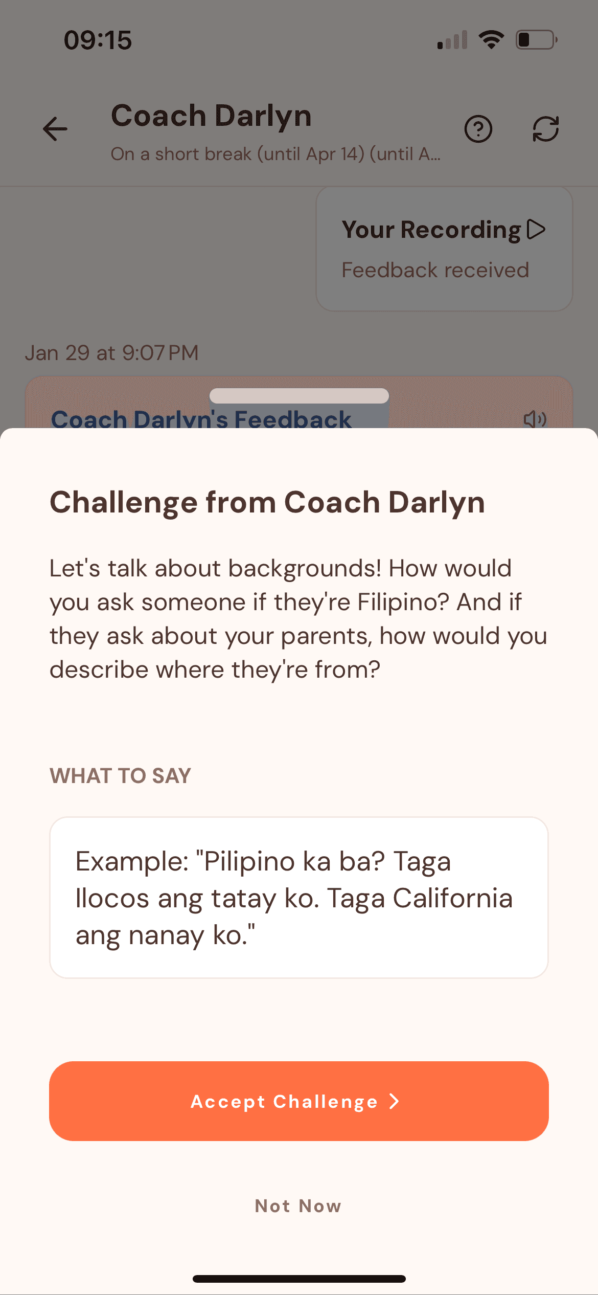 Tahanan coach challenge prompt screen