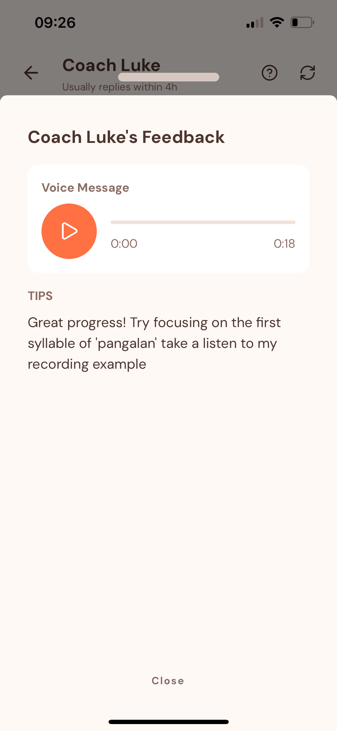 Tahanan coach feedback screen