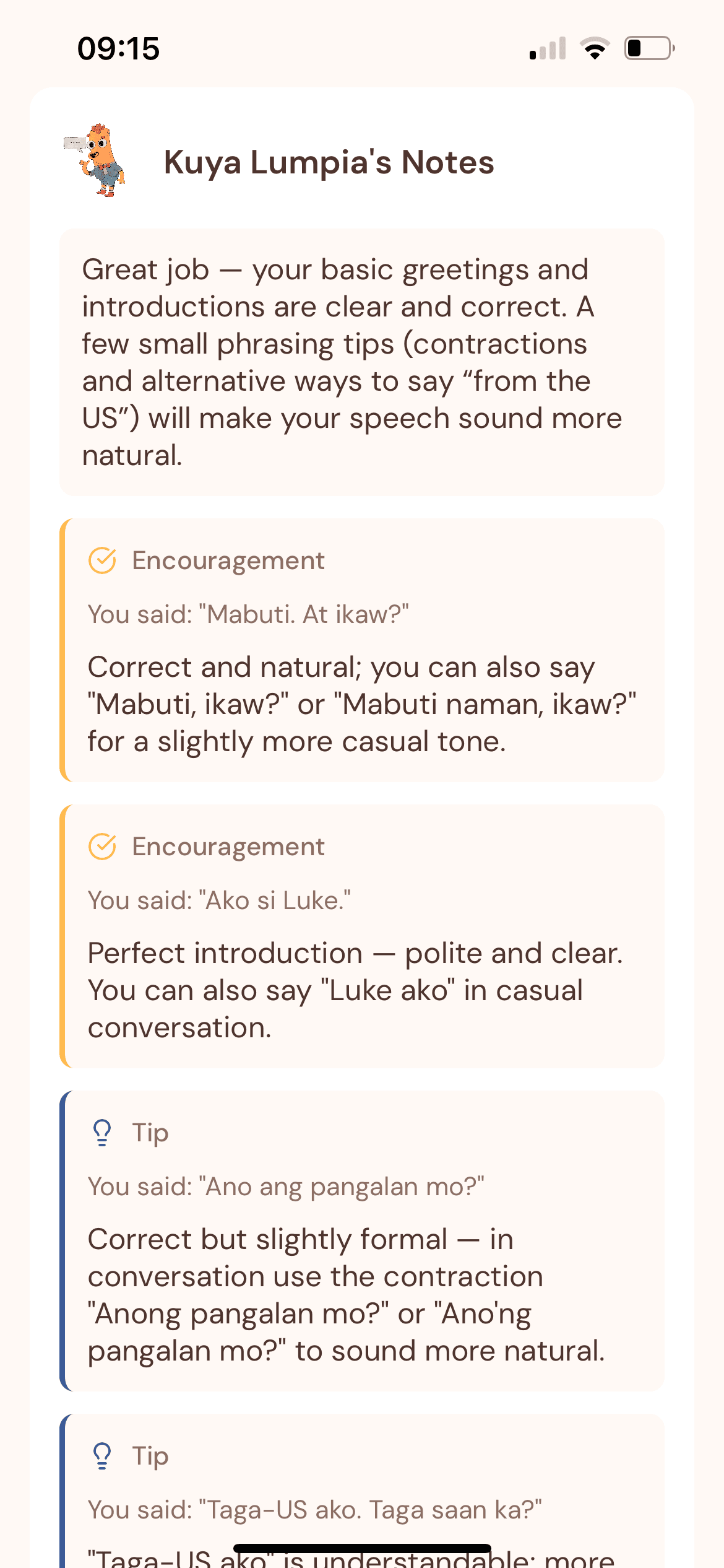 Tahanan AI speaking feedback screen