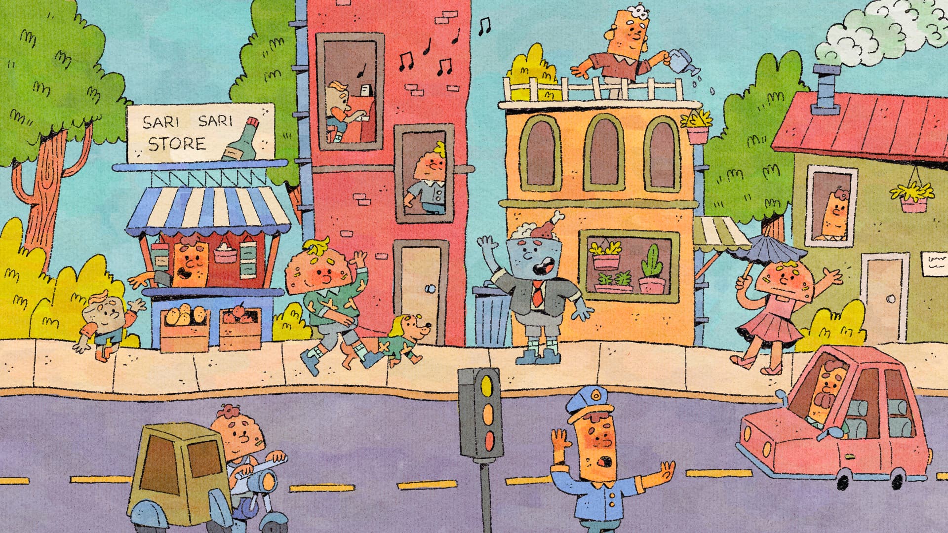 An illustrated Filipino neighborhood with people sharing food and everyday moments.