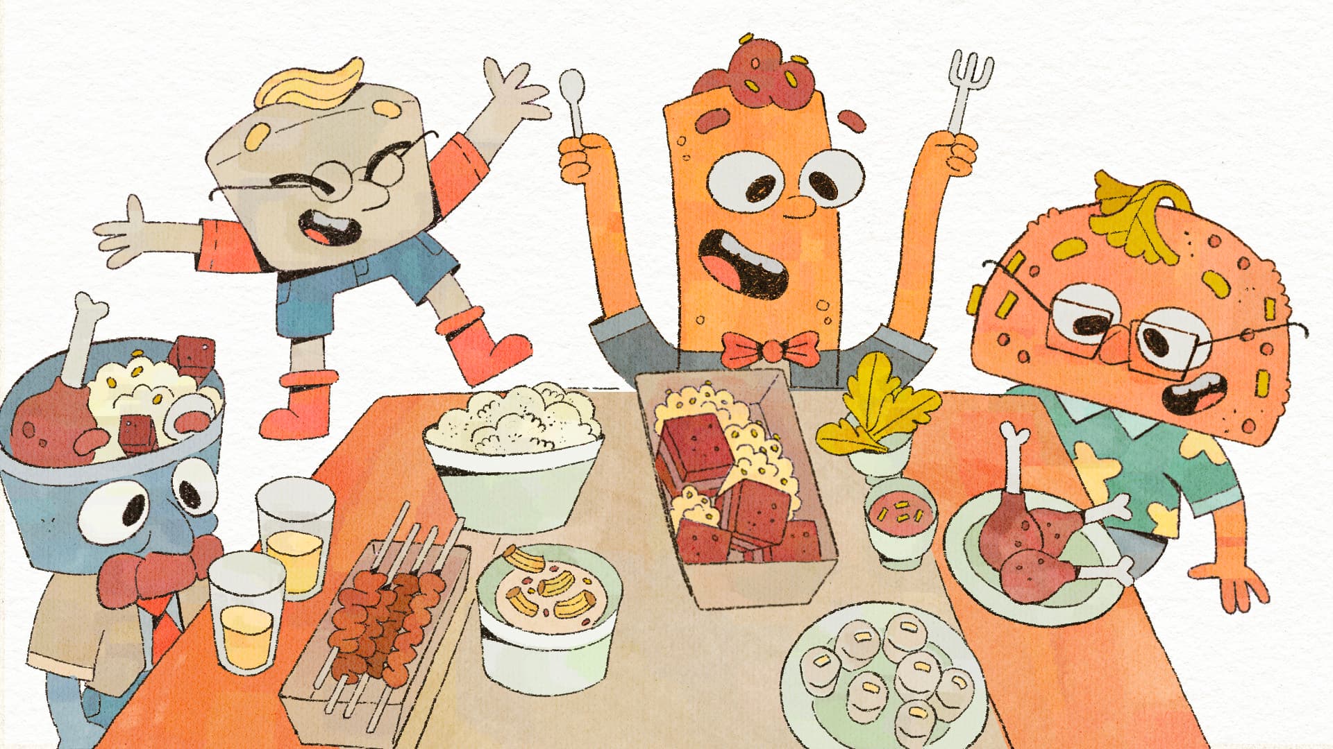 Tahanan characters gathered around a shared Filipino meal.